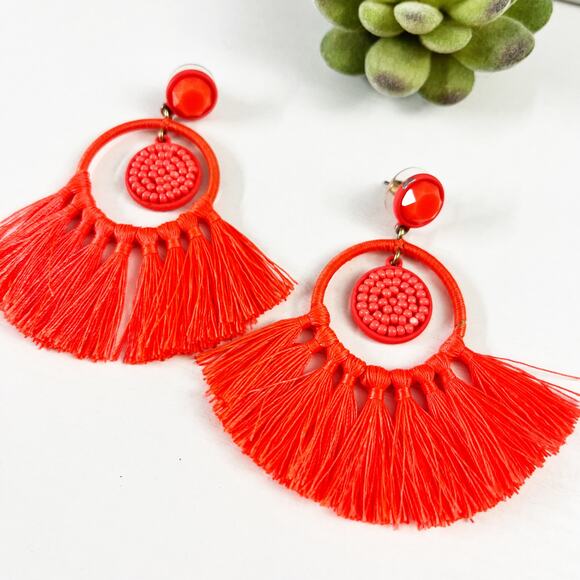 J. Crew Jewelry - J. Crew Neon Orange Hoop Tassel Fringe Earrings